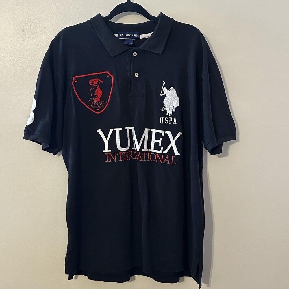 U.S. Polo Assn Black Mens Knit Cotton Polo Team Collared Yumex Patches Shirt XL